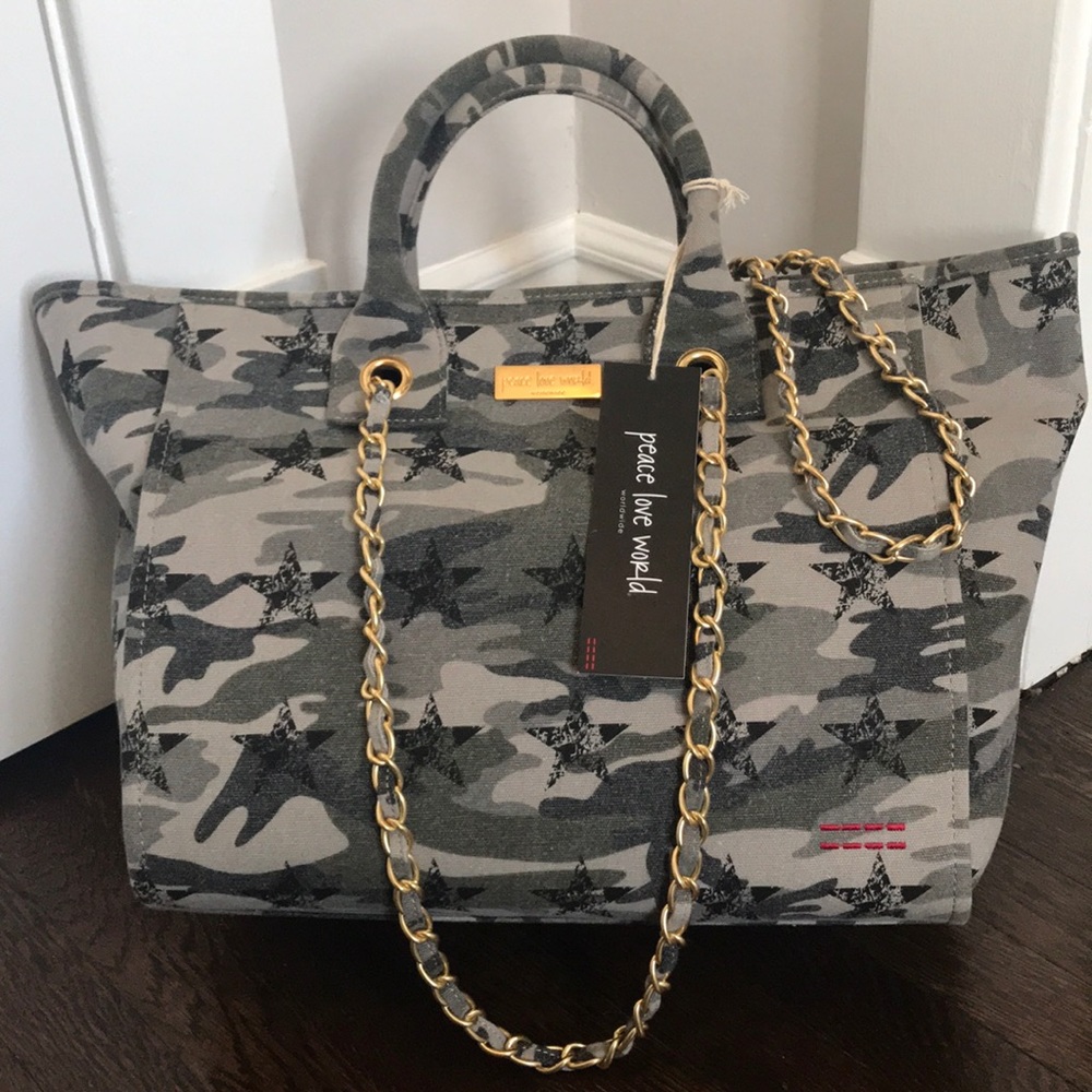 Peace Love World camo canvas satchel